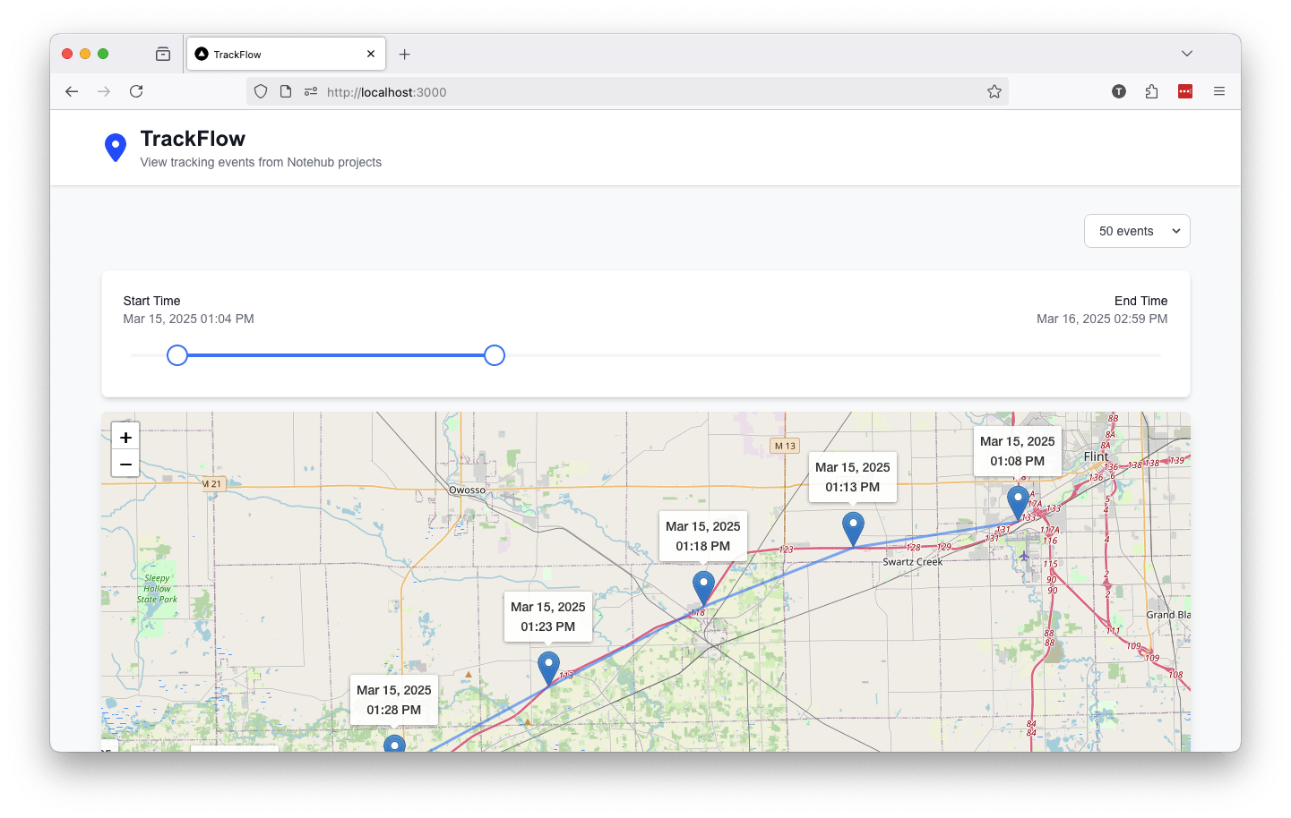 A screenshot of TrackFlow, an app for viewing _track.qo events from Notehub projects