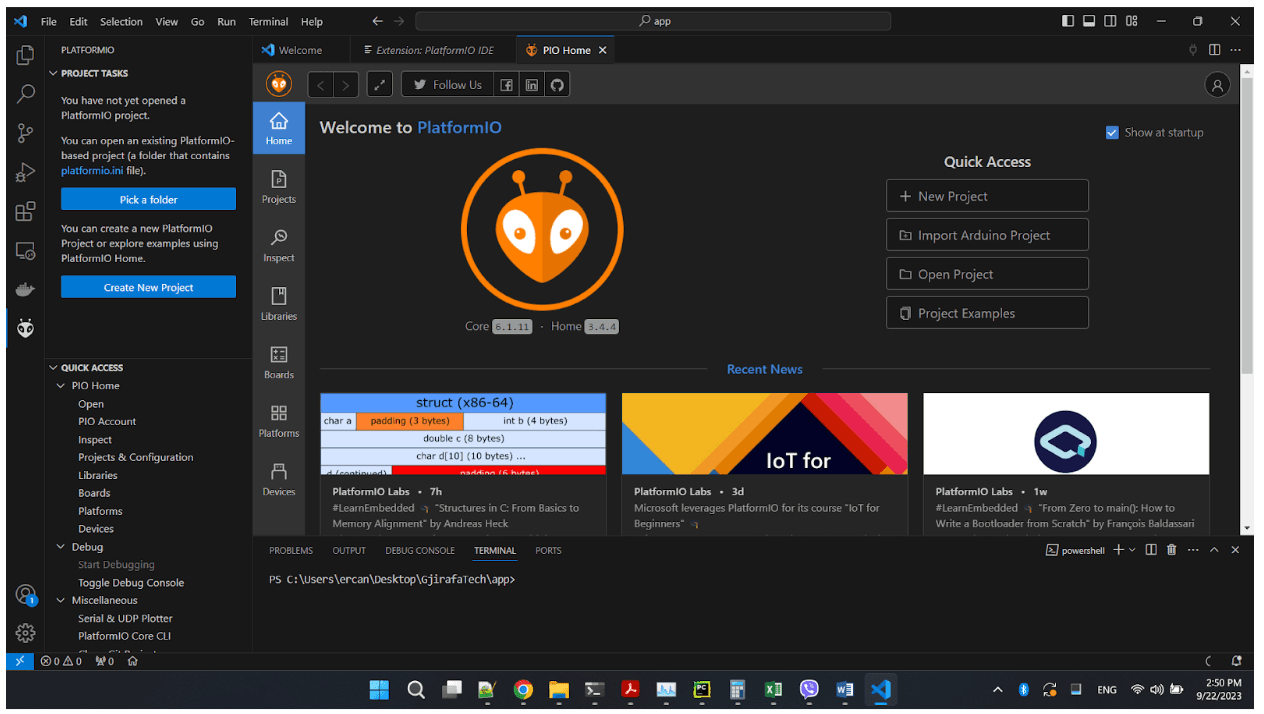 PlatformIO successfully integrated into VS Code.