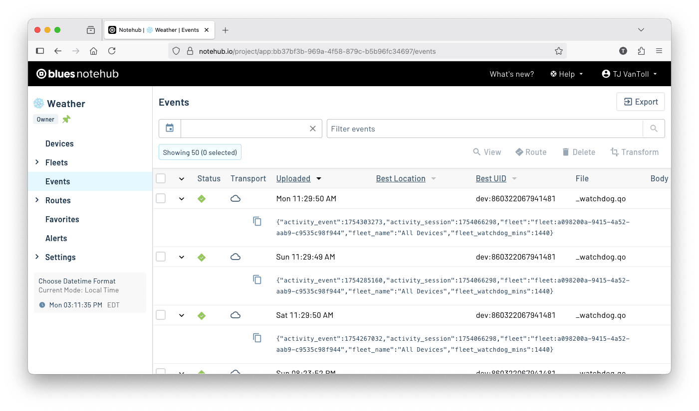 A list of watchdog events in a Notehub project