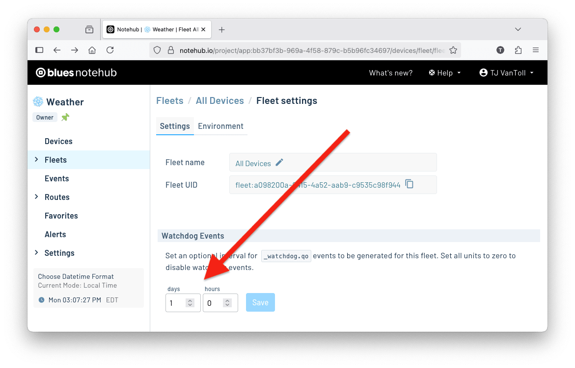 Configuring watchdog events