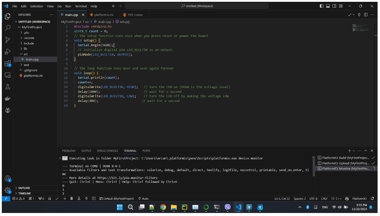 Screenshot of VS Code displaying the logs and data sent from the microcontroller.