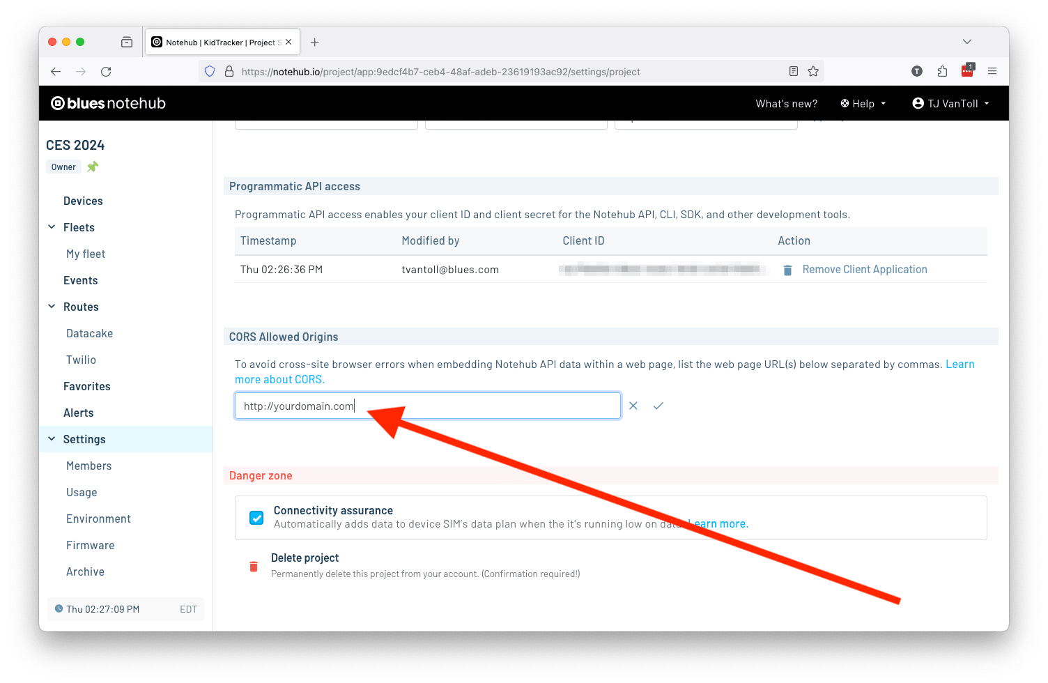 Allowed origins UI in Notehub