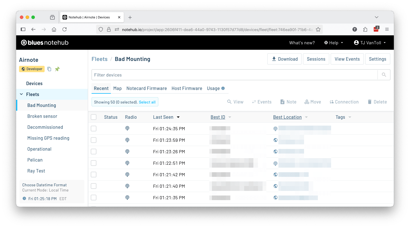 A list of devices in the Bad Mounting fleet in a Notehub project