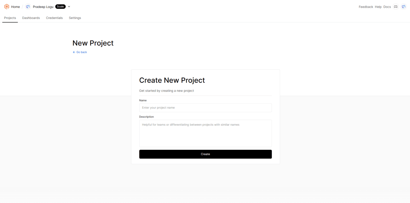 Create new project pop up in Qubitro