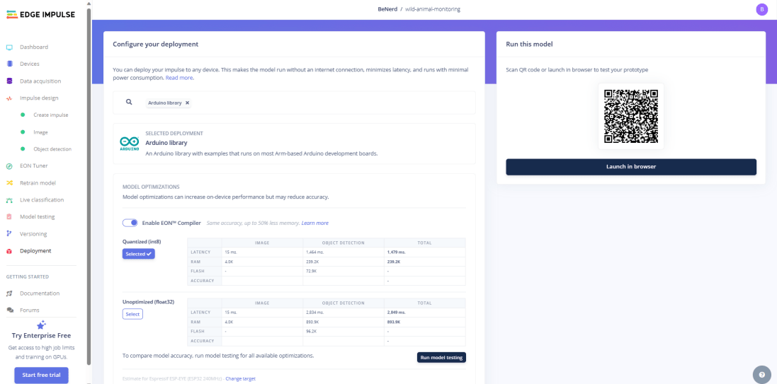 Configure your deployment section of Edge Impulse