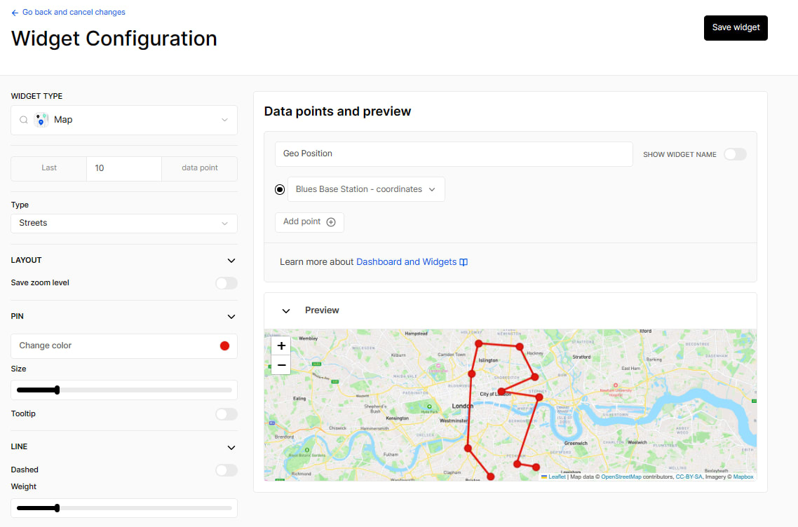 View of map widget for GPS mapping