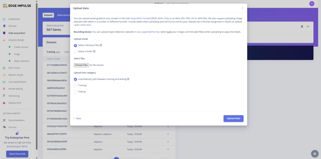 upload data section on Edge Impulse