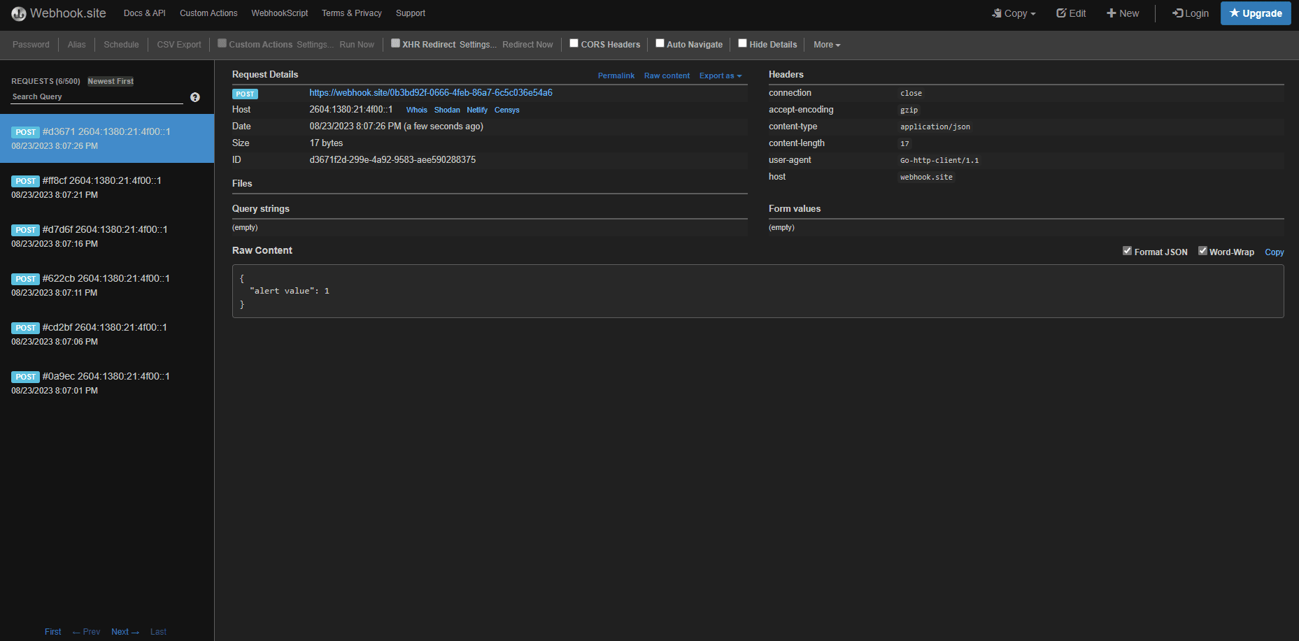 Webhook response on webhook site