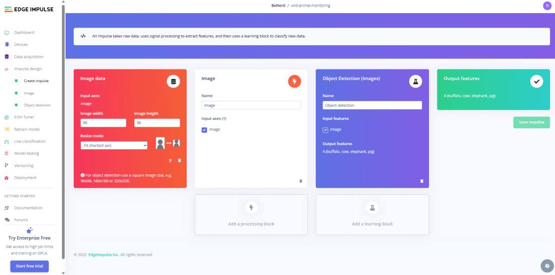 Design section of Edge Impulse