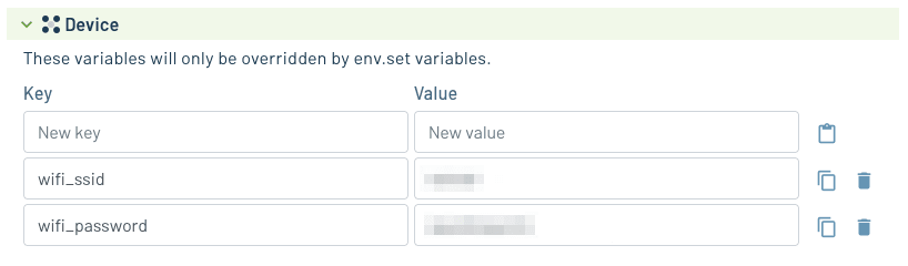 An example set of WiFi environment variables defined in Notehub