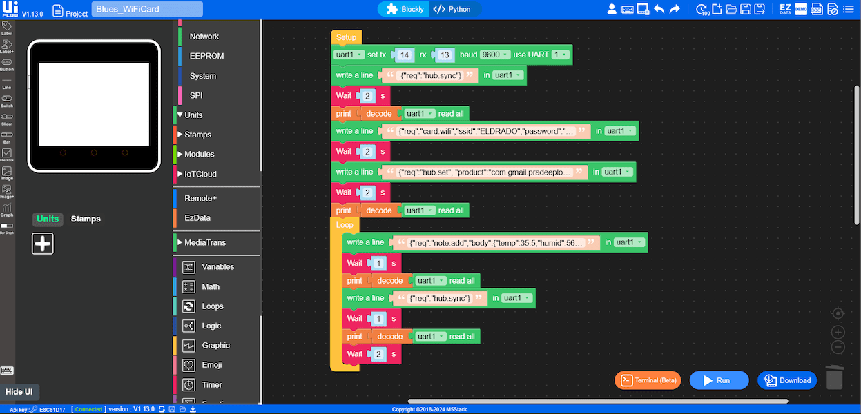 UIFlow block for sending dummy sensor values to Notehub