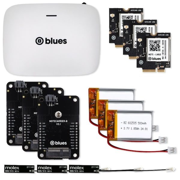 The contents of a Blues LoRaWAN Starter Kit