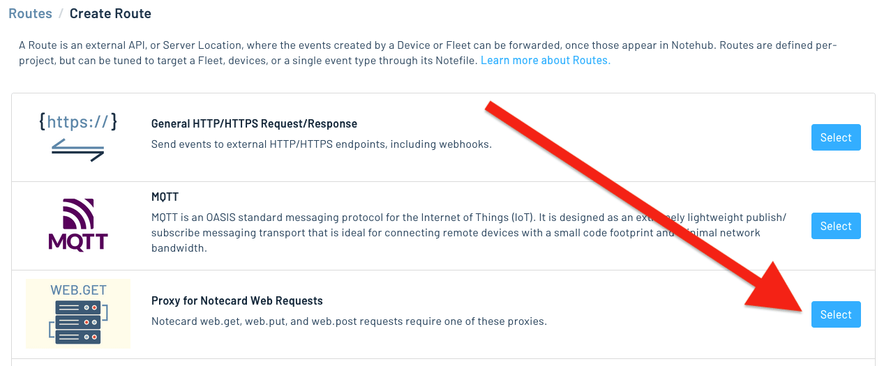 The proxy route option in Notehub