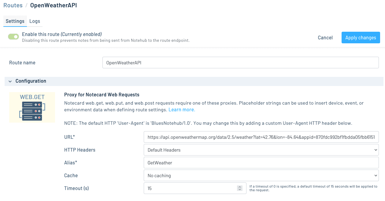 Configuring a proxy route in Notehub