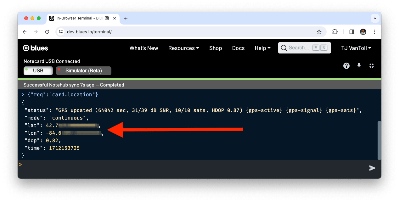The In-Browser Terminal after a successful card.location request