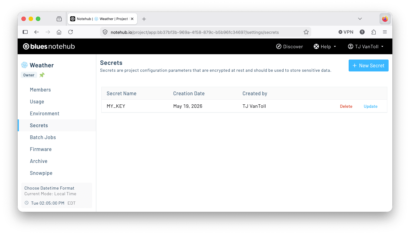 Secrets UI in Notehub