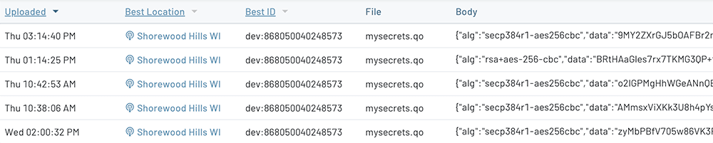 A view of encrypted events on the Notehub events view