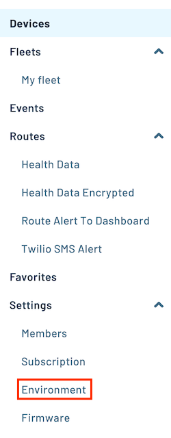 Image of the Notehub Left nav, with the environment menu item highlighted