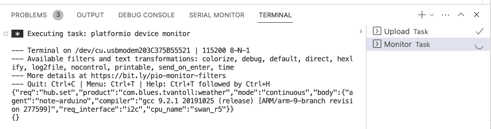 PlatformIO terminal Notecard response