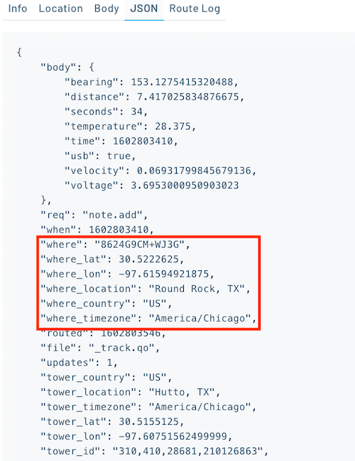 location data in a tracking note