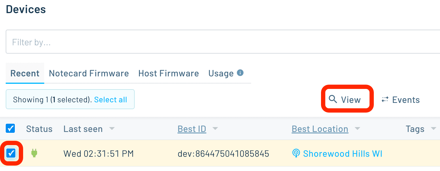 Notehub Devices page with Details link called out