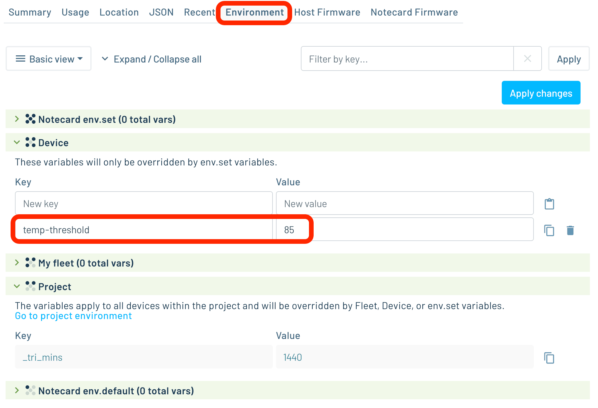 Notehub Device page with Environment tab active