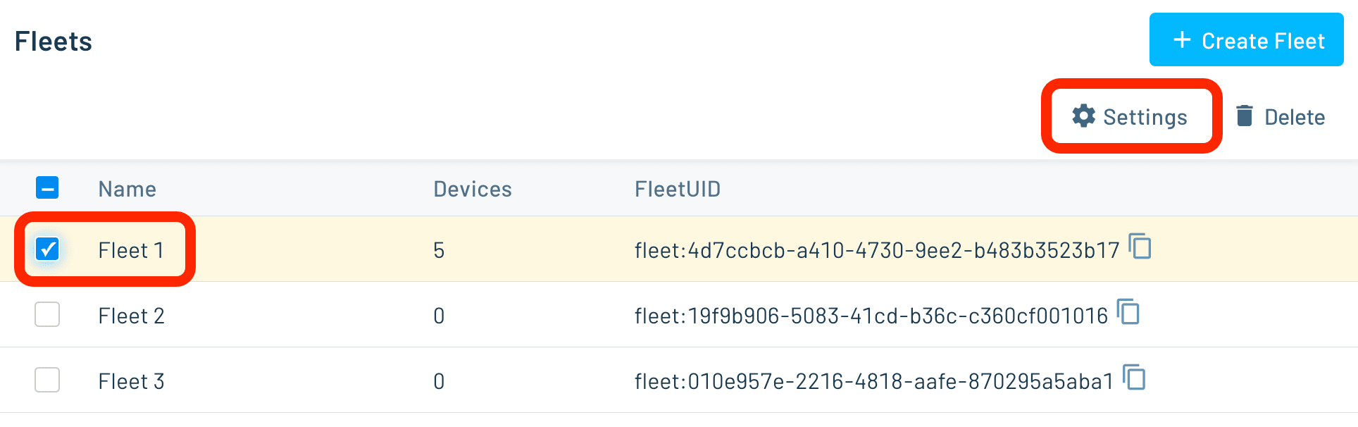 Notehub Fleet page with Settings link called out