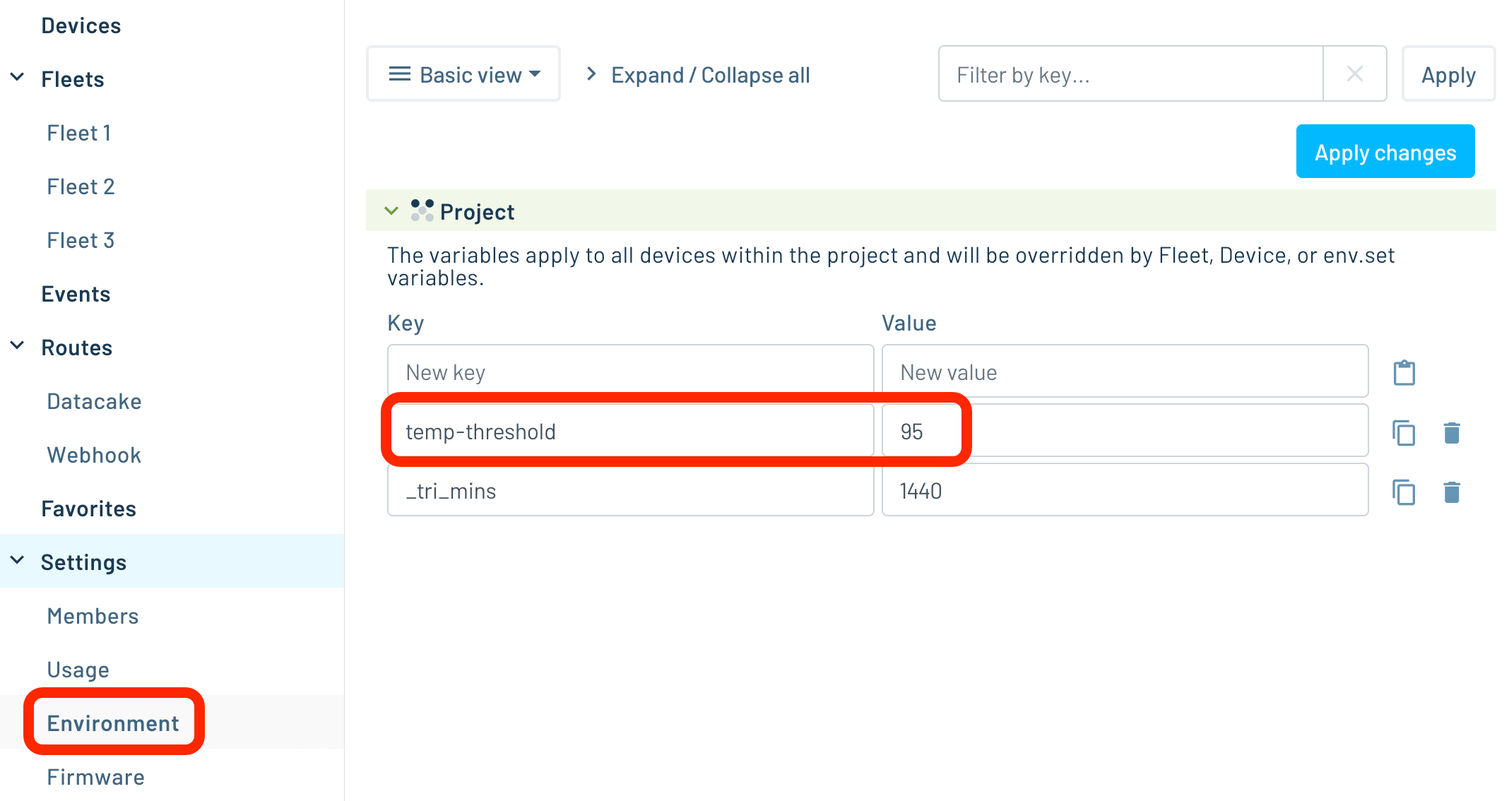 Notehub Project page with Environment tab active