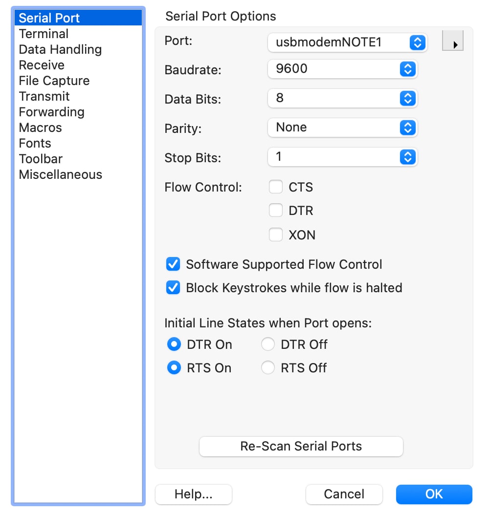 CoolTerm Serial Port options showing the port, baudrate, data bits, parity, and stop bits configured for a Notecard