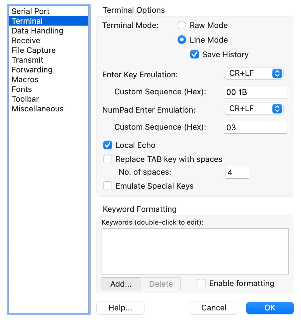 CoolTerm Terminal options showing Line Mode, CR+LF enter key emulation, and Local Echo enabled