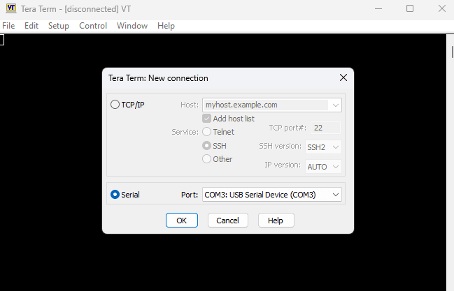Tera Term New connection dialog with the Serial option selected and a COM port chosen