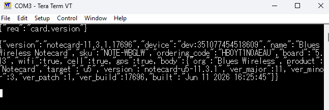 Tera Term connected to a Notecard, showing a card.version request and its JSON response