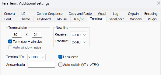 Tera Term Terminal setup dialog showing CR+LF new-line receive and transmit with Local echo checked