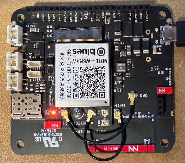 The red LED on a Notecard Cell+WiFi
