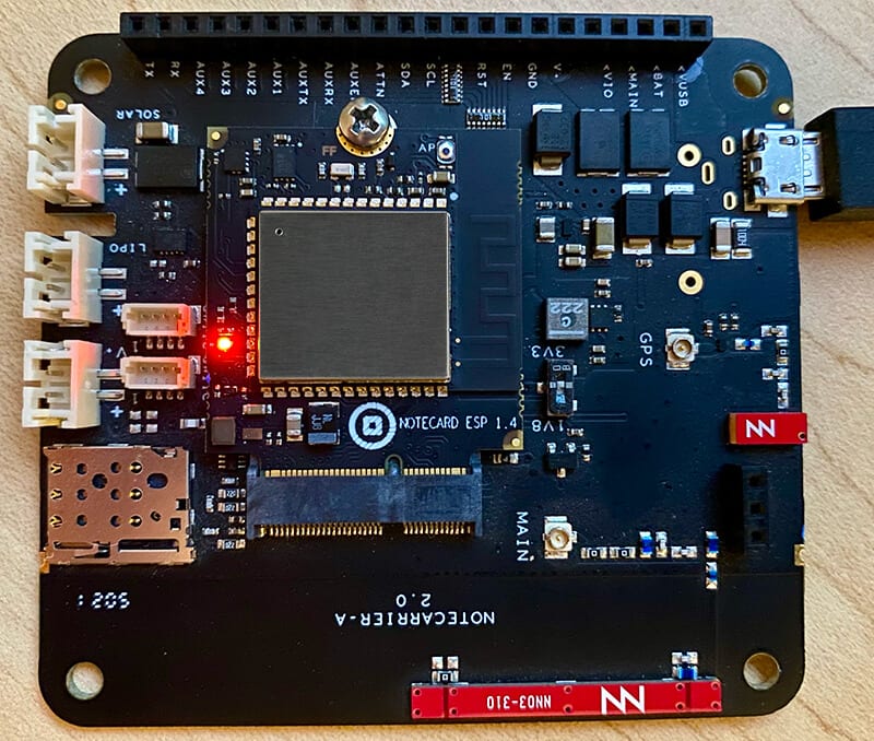 The red LED on a Notecard WiFi v2