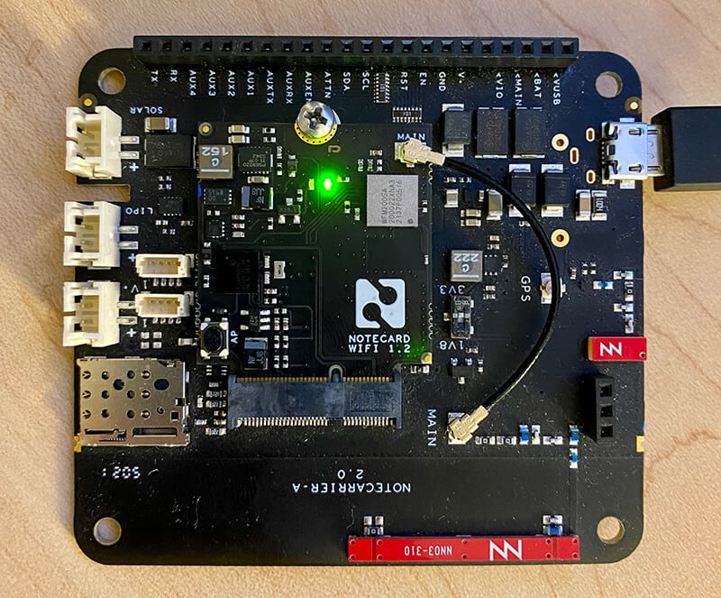 The green LED on a Notecard WiFi v1