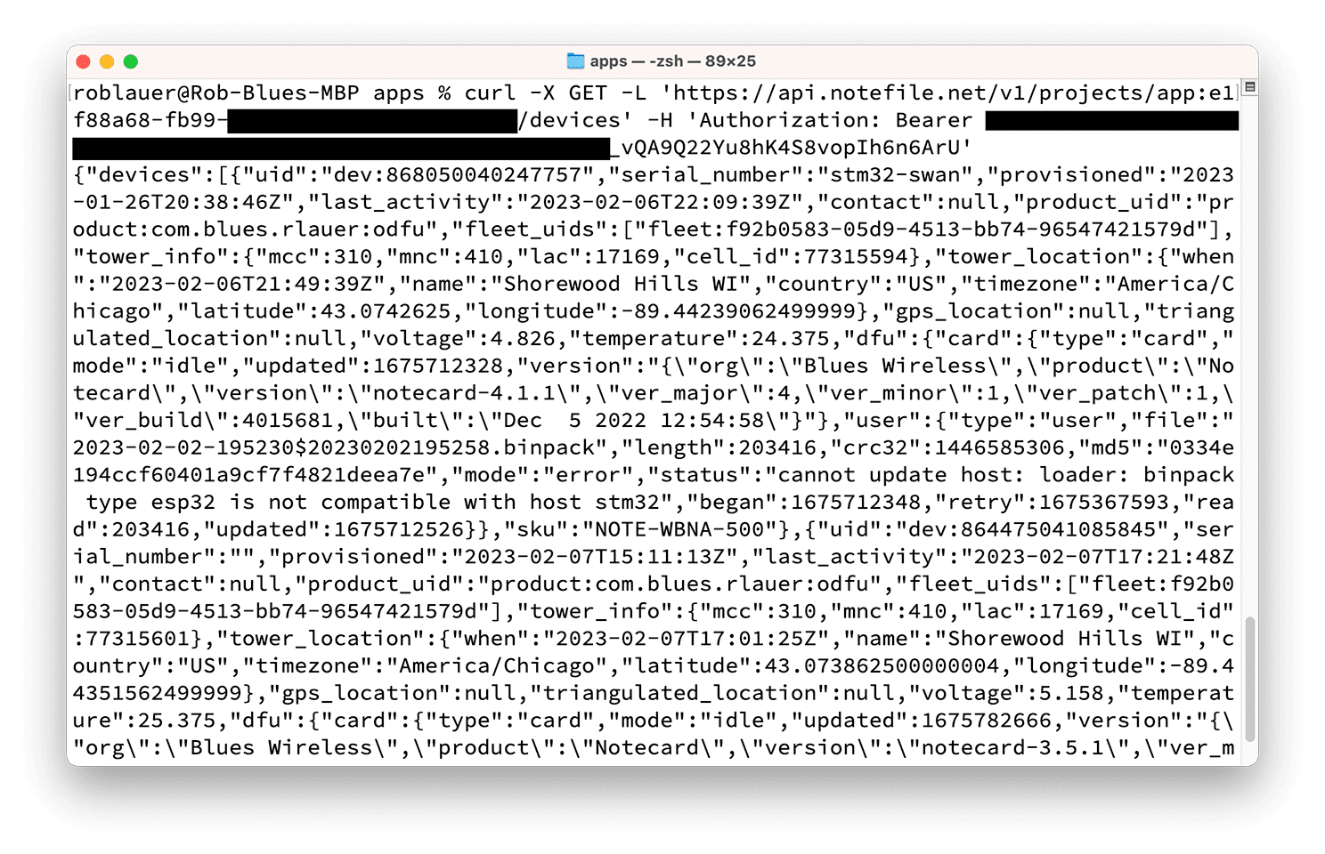 An example of using curl to retrieve devices