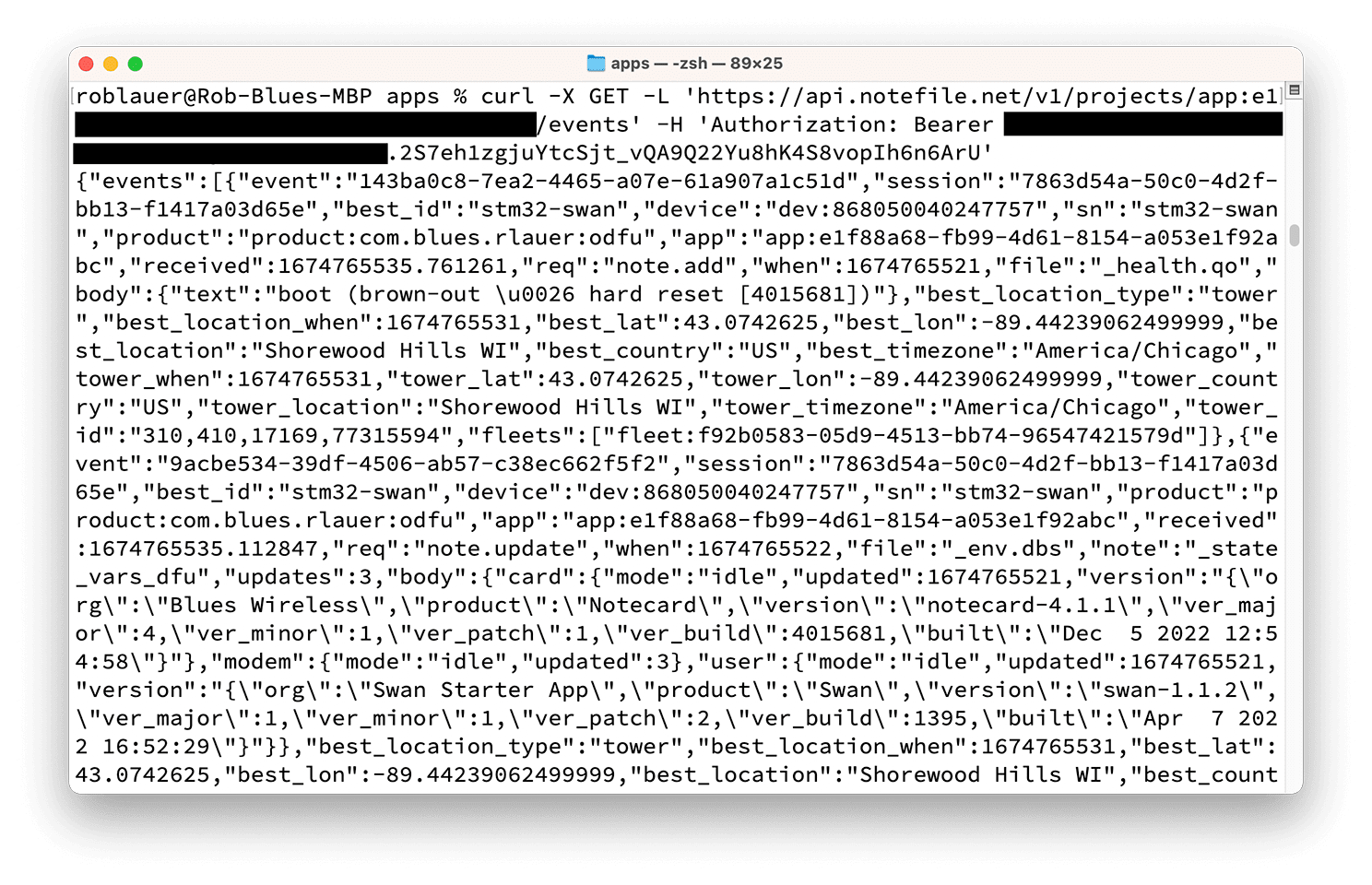 An example of using curl to retrieve events