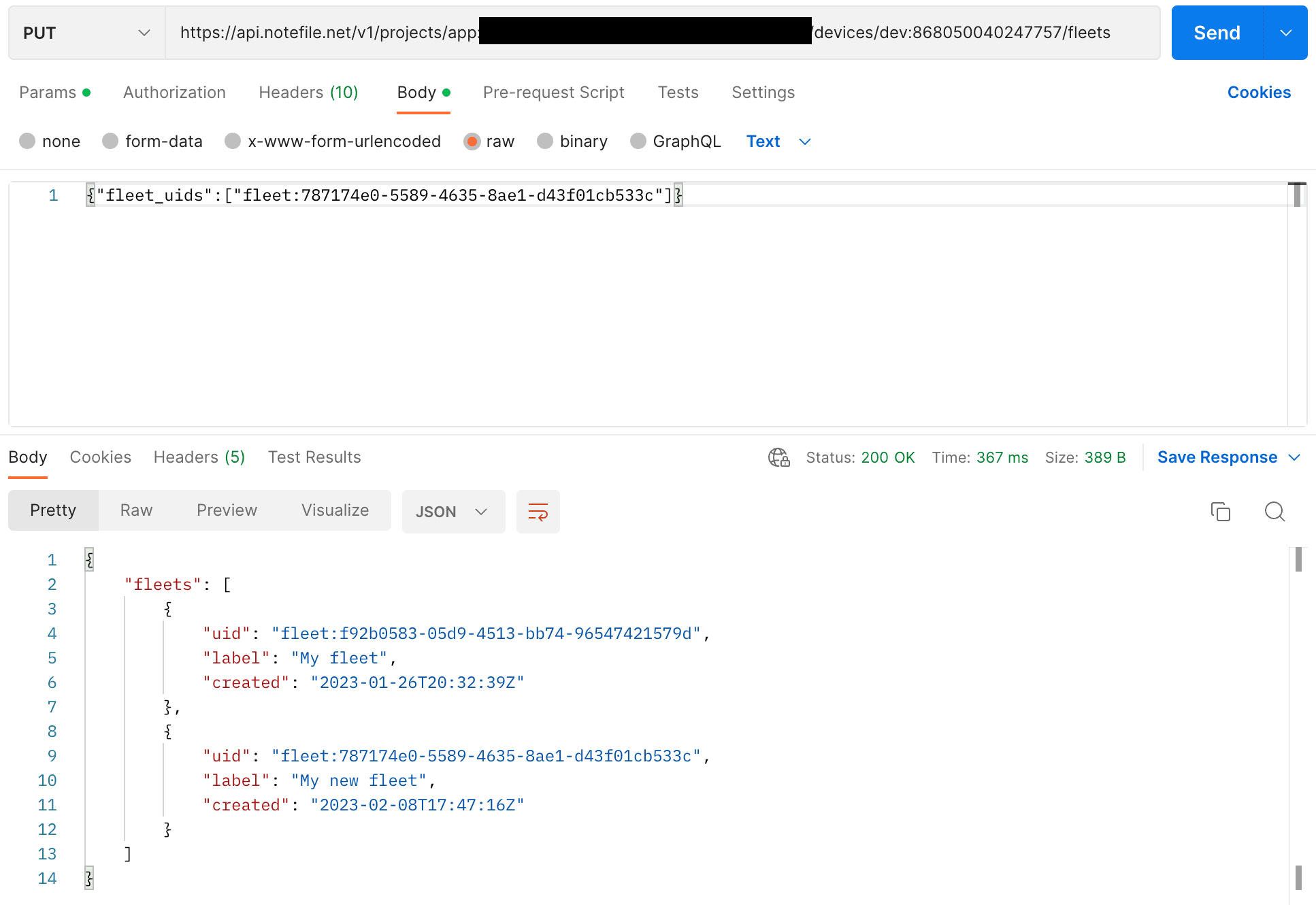 An example of how to use Postman to add a device to a fleet