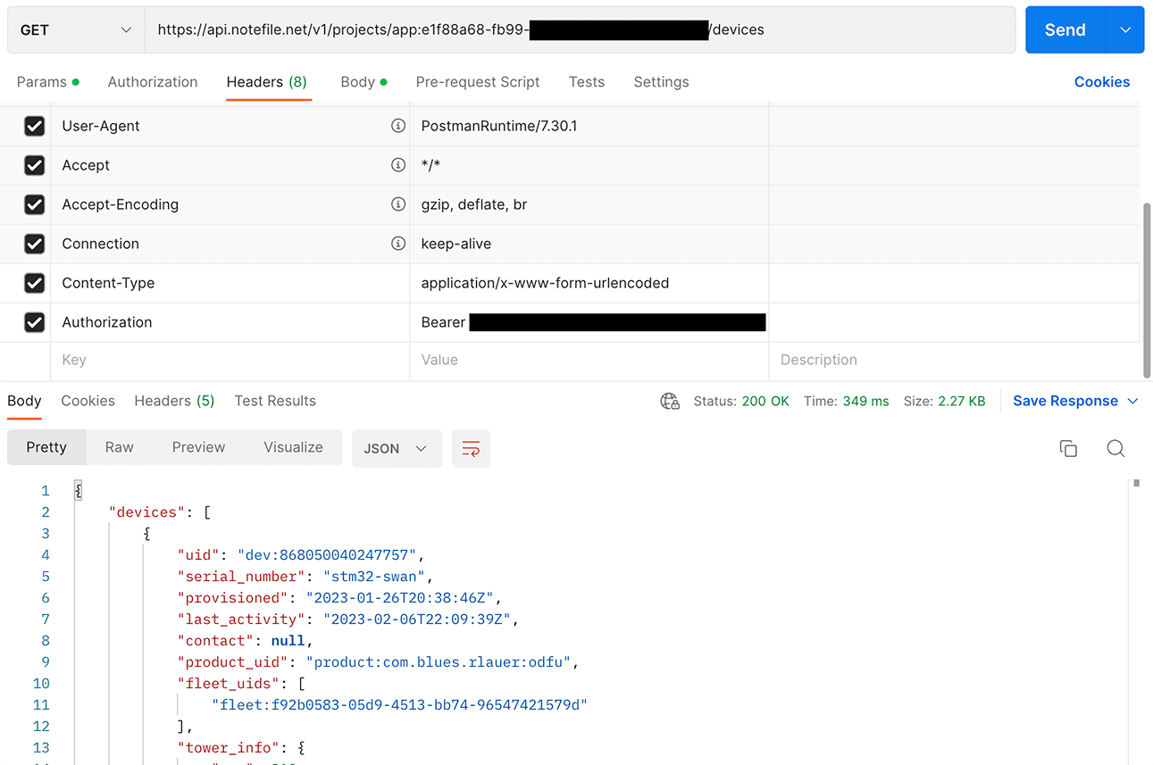An example of using Postman to retrieve devices