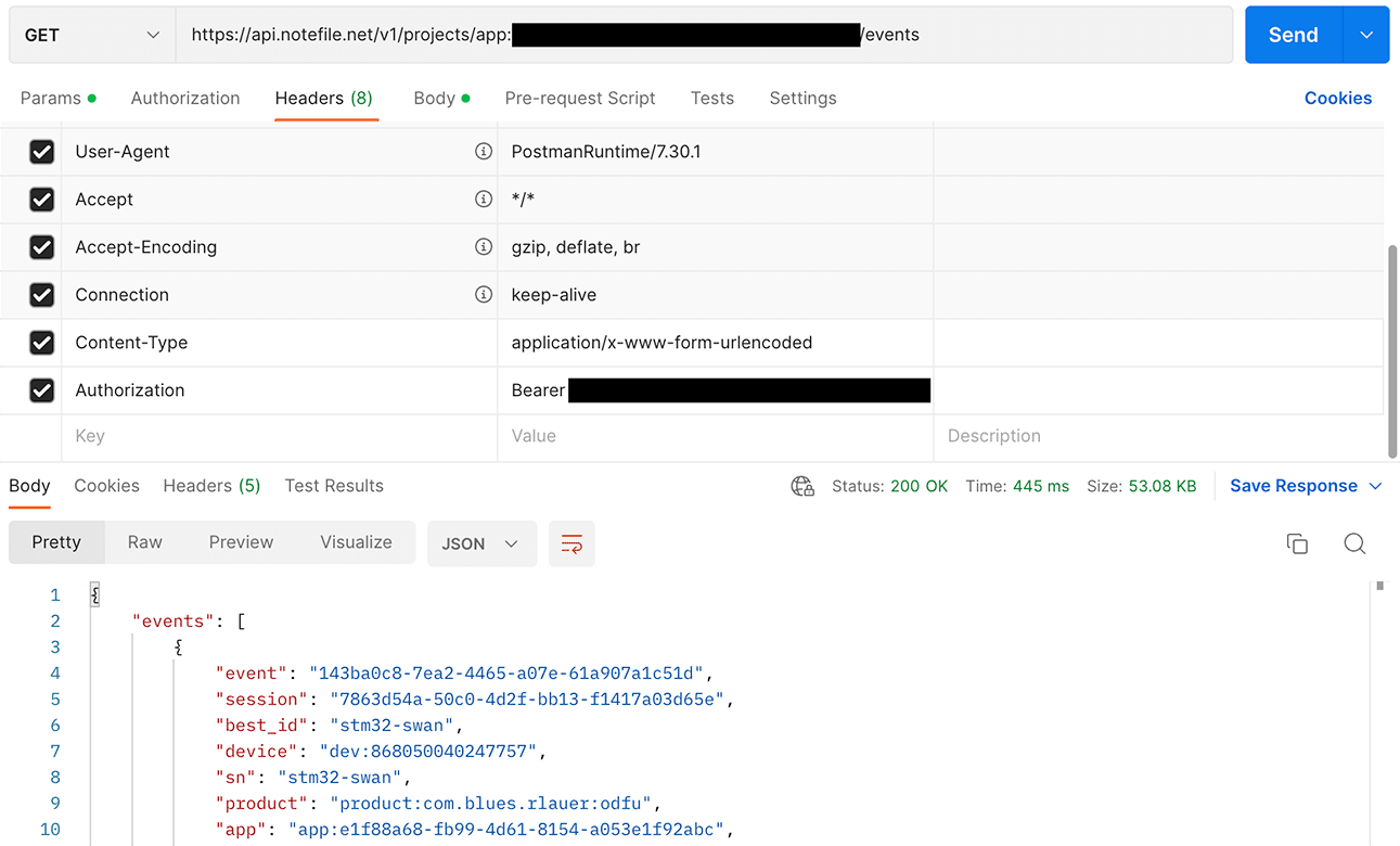 An example of using Postman to retrieve events