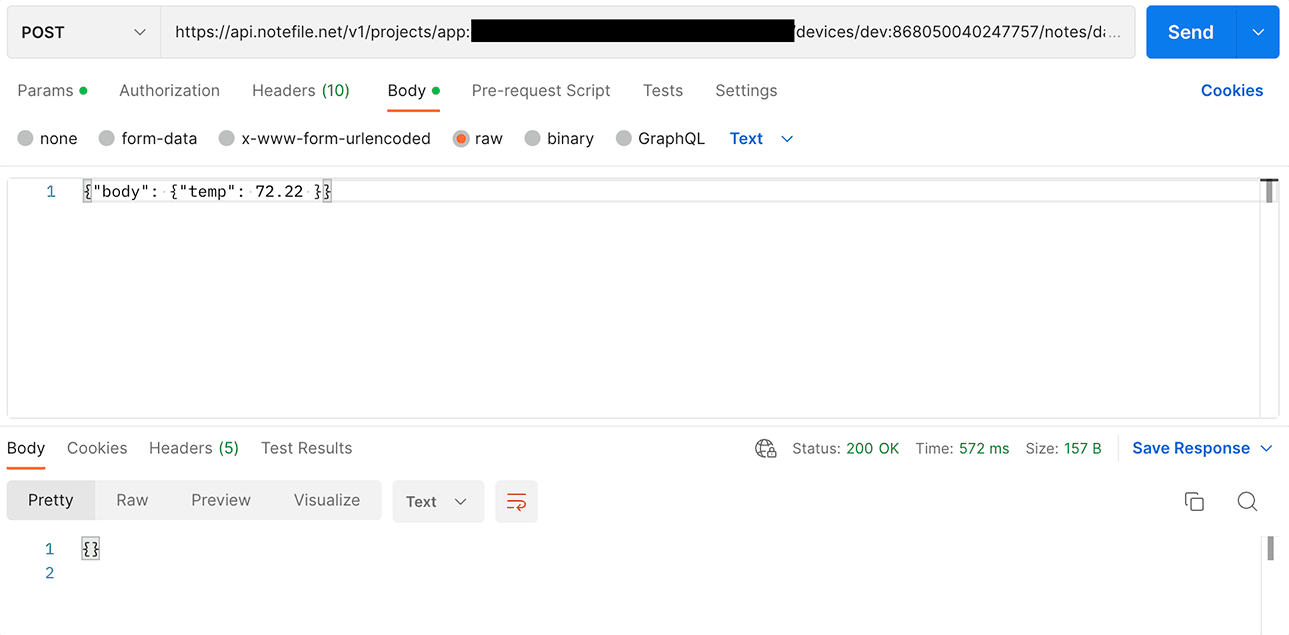 An example of how to send a note using Postman