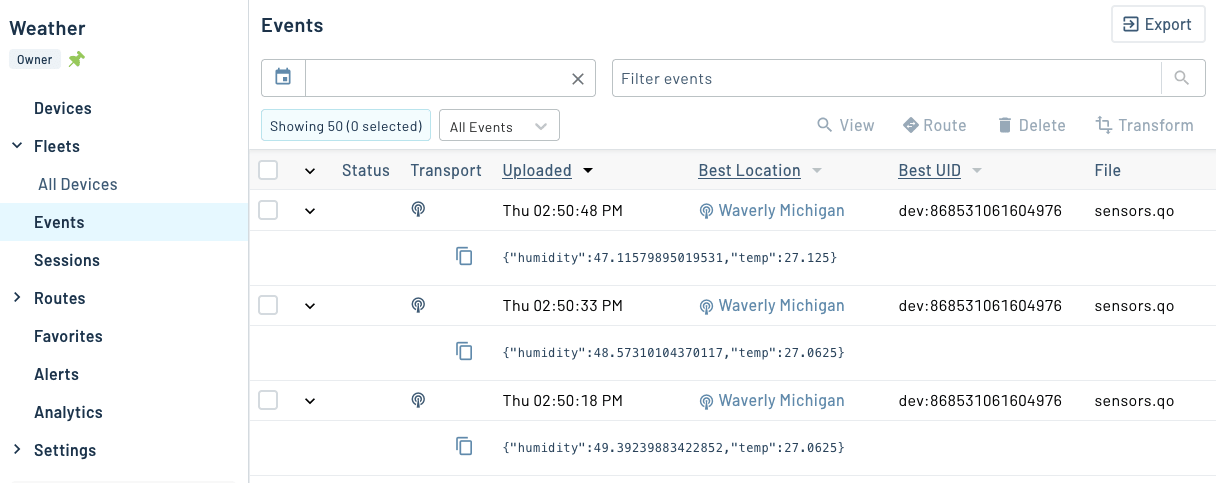 The event list in Notehub