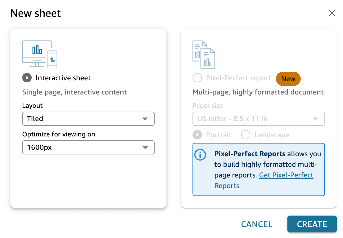 quicksight create new sheet