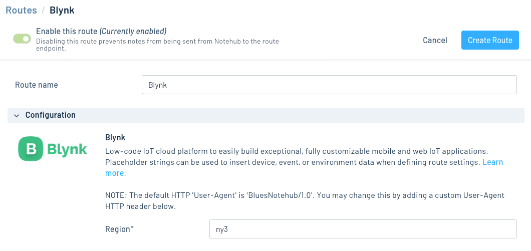 Configuring a Blynk route
