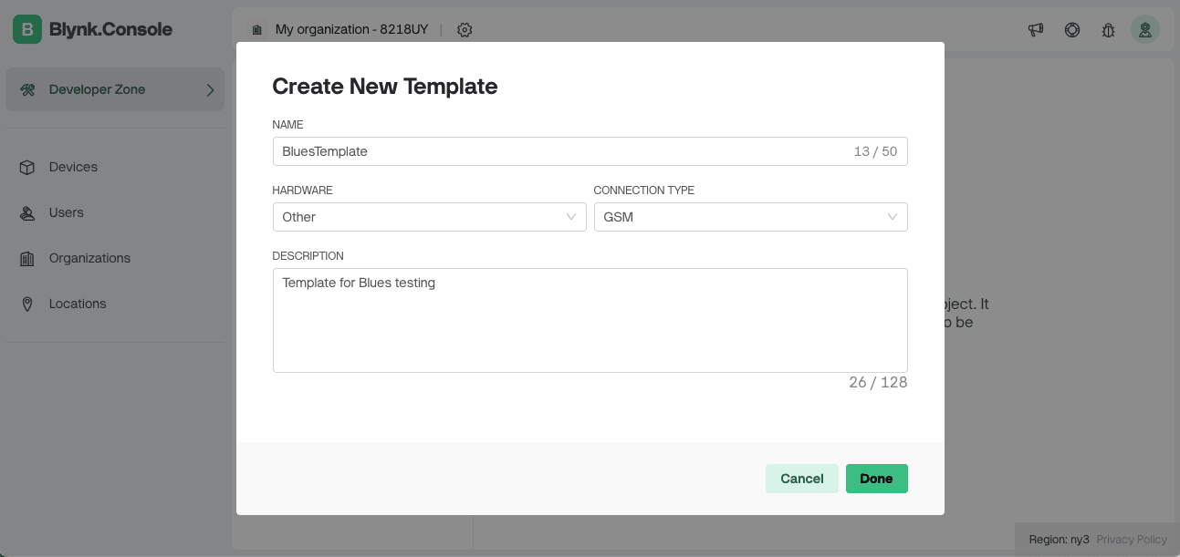 Create a Blynk template with fields
