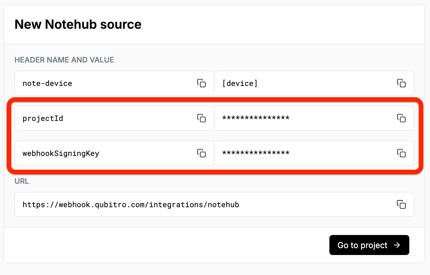 qubitro projectid and webhooksigningkey