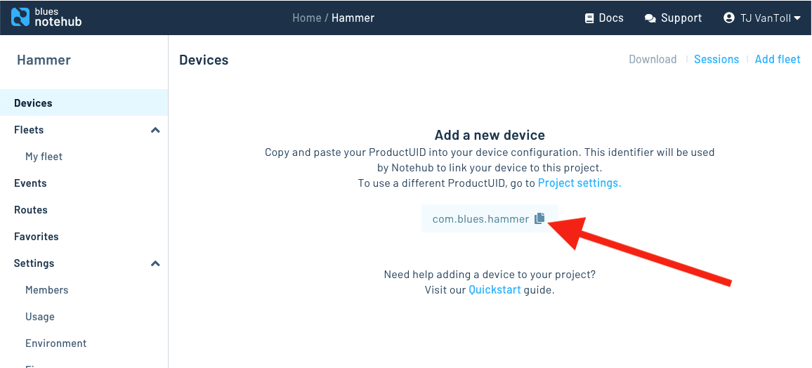 Location of the Notehub ProductUID