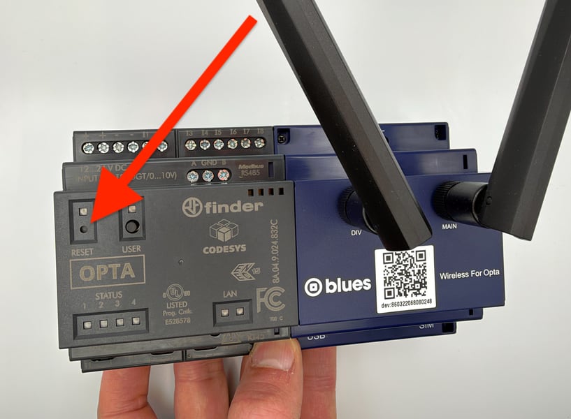 Location of the RESET button on the Finder OPTA Codesys