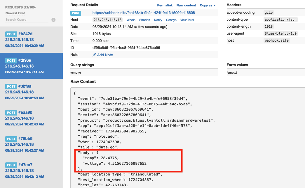 notehub data in webhook.site